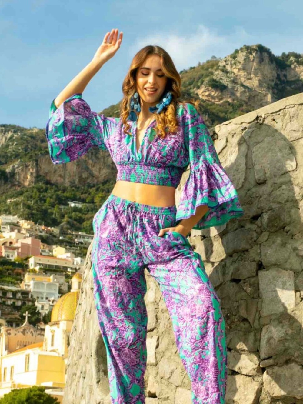 Antica Sartoria Violet Printed Boho Crop Top & Pants  Set NWT O/S